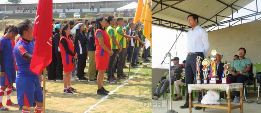 ADC Bhandari Rohit Singh addresses the inaugural function of the 4th edition of Bhandari Inter-departmental Sports Meet 2022 at local ground, Bhandari on March 8. (DIPR Photo)